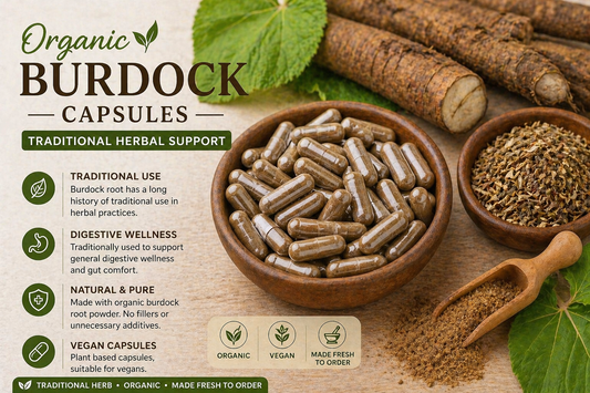Organic burdock root capsules with dried burdock powder and whole burdock roots on natural wooden surface