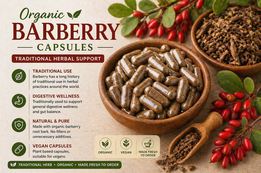 Organic barberry capsules with bright red barberry berries and herbal powder in rustic bowls