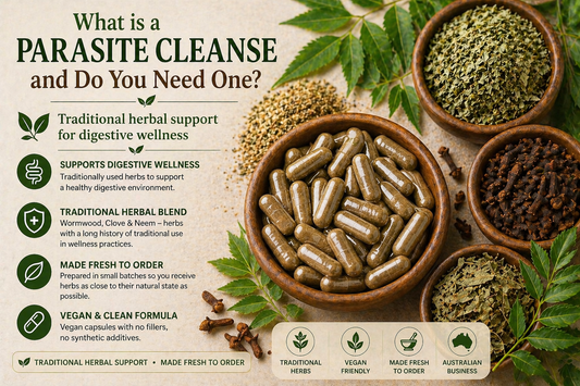 Herbal cleanse capsules with wormwood clove and neem ingredients displayed in wooden bowls