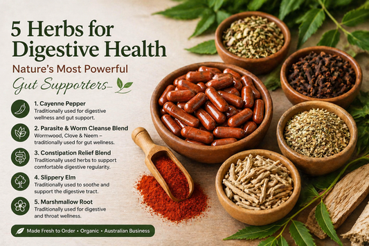 Digestive health herbal capsules with cayenne slippery elm marshmallow root and natural herbs